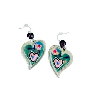 Unique Heart Shape Jade Enamel & Silver Earrings